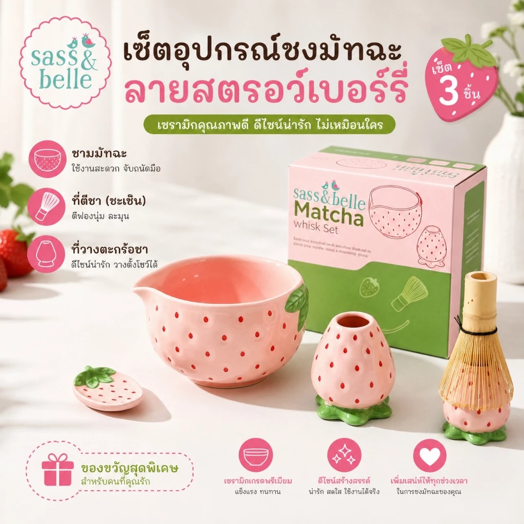 ✨พร้อมส่ง✨ 7 ชิ้น Matcha Whisk Set ถ้วยชา ชาวาน chawan ถ้วยชงมัทฉะ 🍓🍓สตอเบอรี่ ชุดชงมัทฉะเซรามิค ถ้วยชงมัทฉะ เซรามิค วัสดุ Food Grade ปลอดภัยต่อการใช้งาน