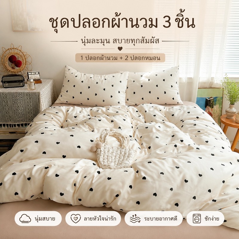 ปลอกผ้านวม 3 ชิ้น ลายดอกไม้เล็กและลายทาง ผ้าฝ้าย 100% เนื้อนุ่ม พร้อมส่ง 3/5/6 ฟุต