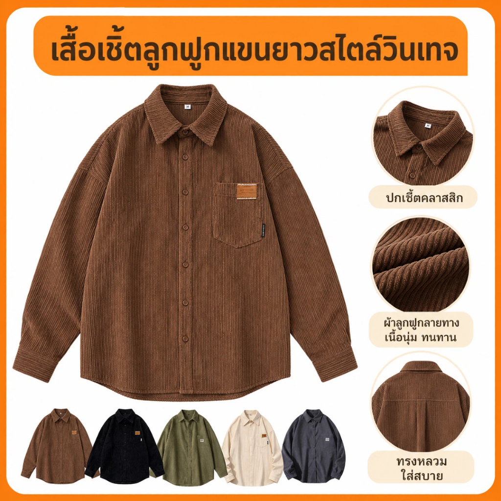 5TERYเสื้อเชิ้ตผู้ชา เสื้อเชิ้ตแขนยาว ผ้าลูกฟูก รูปที่ 3