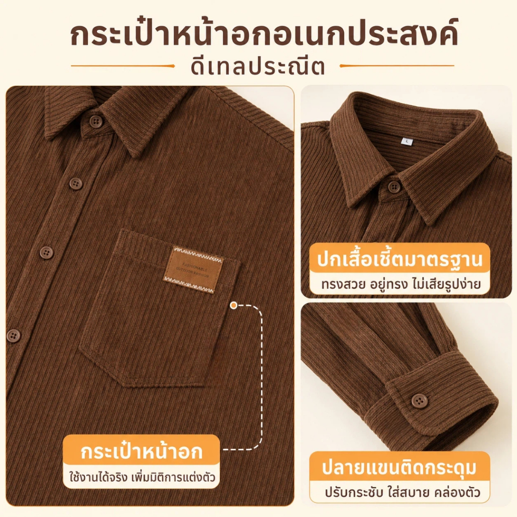 5TERYเสื้อเชิ้ตผู้ชา เสื้อเชิ้ตแขนยาว ผ้าลูกฟูก รูปที่ 7