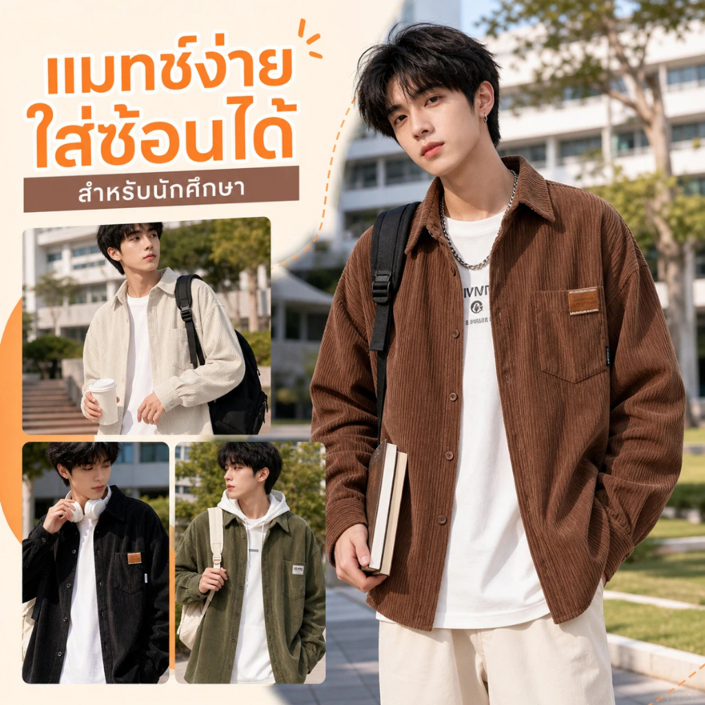 5TERYเสื้อเชิ้ตผู้ชา เสื้อเชิ้ตแขนยาว ผ้าลูกฟูก รูปที่ 2