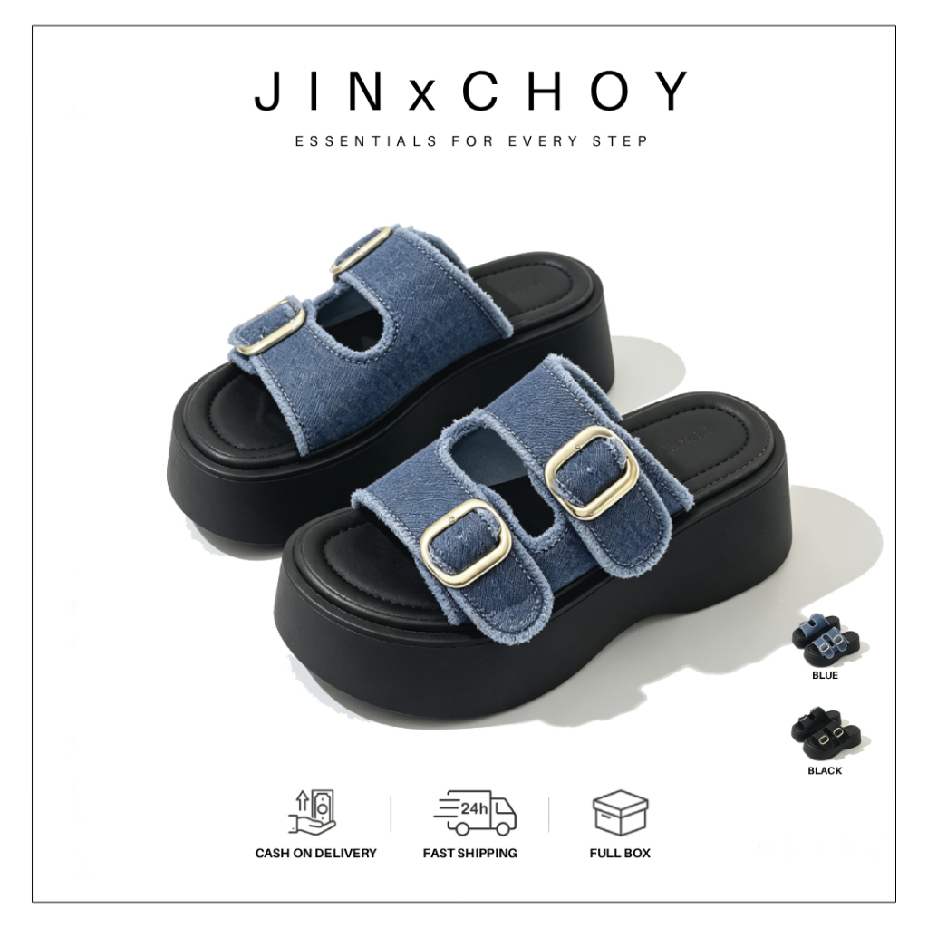 JINxCHOY เกาหลีหัวกลมเปิดนิ้วเท้าเดนิมผ้าใบหนาแต่เพียงผู้เดียวรองเท้าแตะผู้หญิงฤดูใบไม้ผลิฤดูร้อนแฟชั่นสบาย ๆ นอกสวมใส่ใหม่วันหยุดสูงรองเท้าแตะโรงงานขายส่ง
