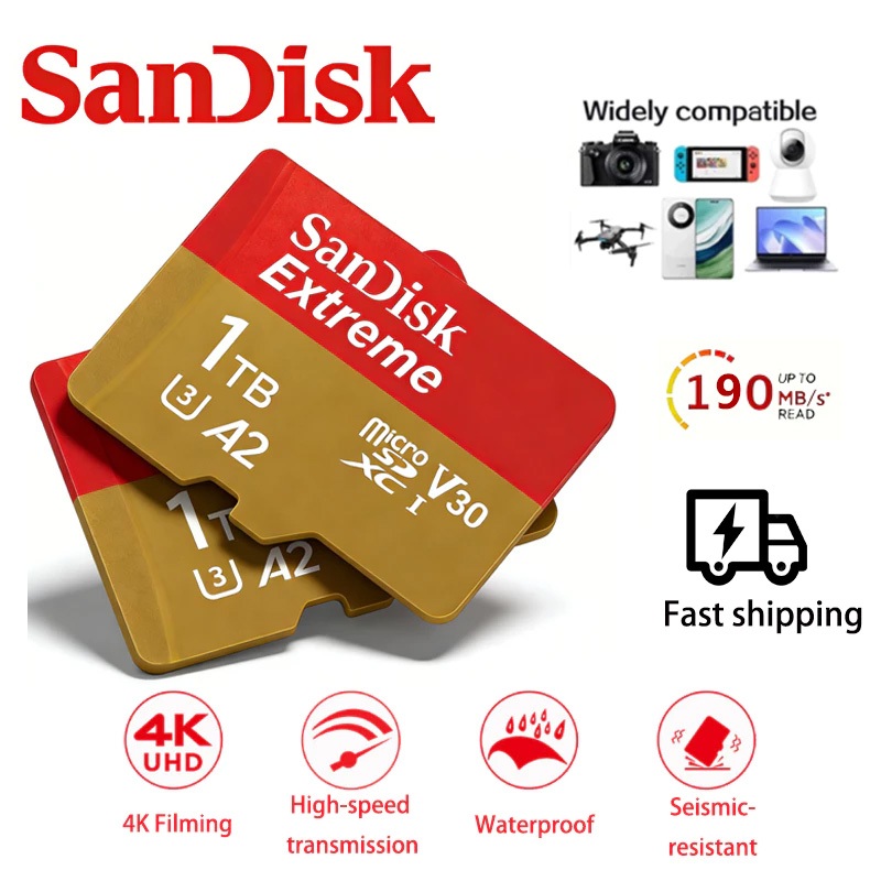 SanDisk Extreme MicroSDXC TF Card 128GB 1TB UHS-I U3 A2 V30 190-200MB/s การ์ดหน่วยความจําความเร็วสูง