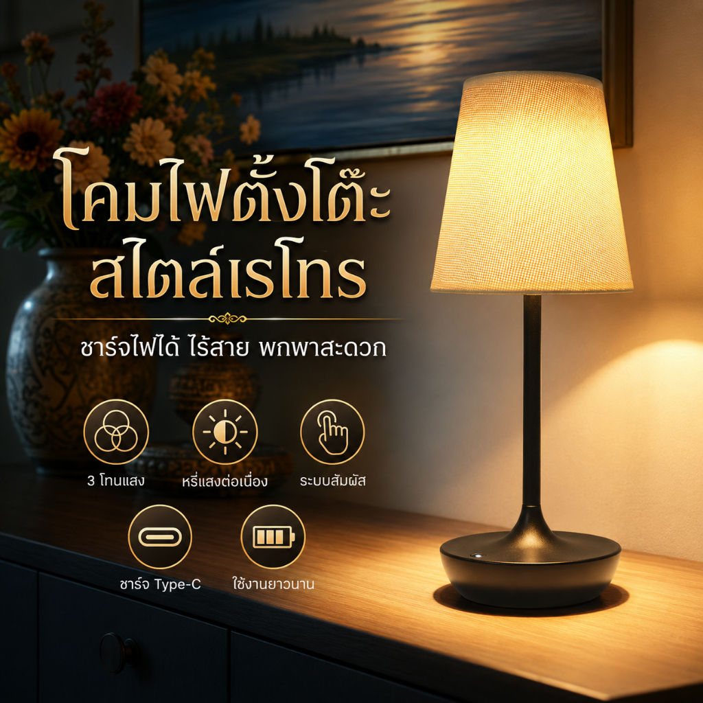 NHLS ผ้าโคมไฟตั้งโต๊ะ ดีไซน์หรูหรา Modern Nordic E27 LED USB การควบคุมแบบสัมผัส ความสว่าง3ระดับ ในร่มข้างเตียงห้องนอนห้องรับแขก ตกแต่งโรแมนติก