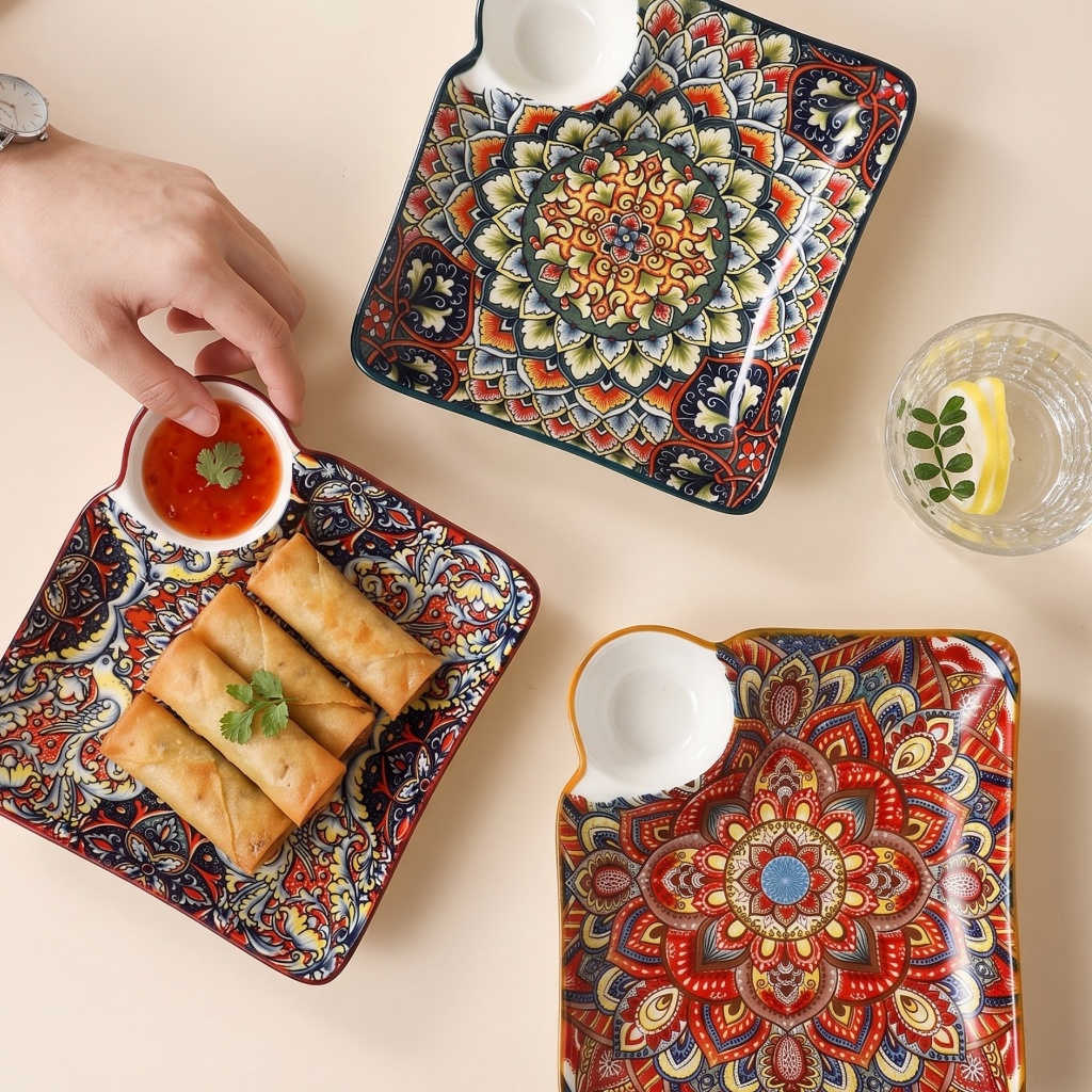 HongDian จานเซรามิกสไตล์โบฮีเมียน Bohemian plate 7 นิ้ว