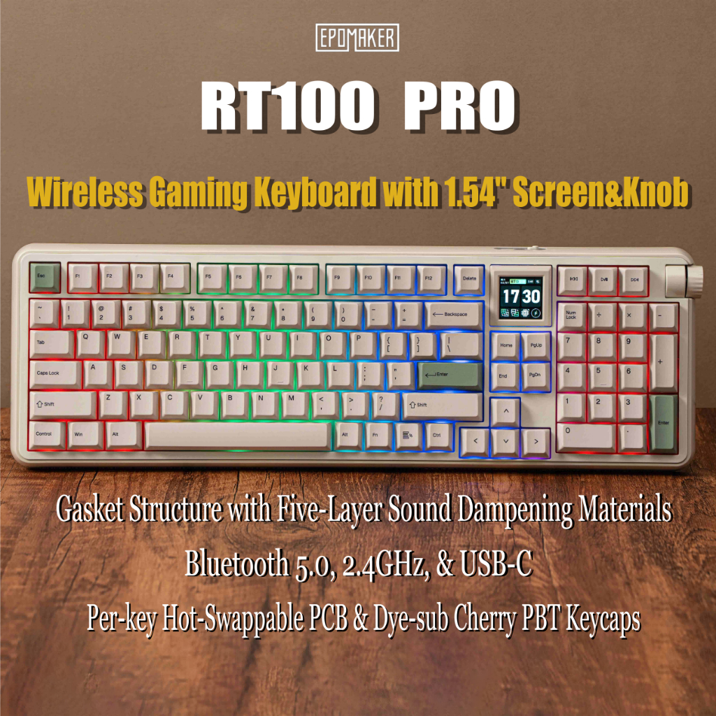 EPOMAKER RT100 PRO คีย์บอร์ดเกมไร้สายพร้อมหน้าจอ 1.54" & ลูกบิด, RGB, 2.4 GHz/Bluetooth/USB-C, Hot-S
