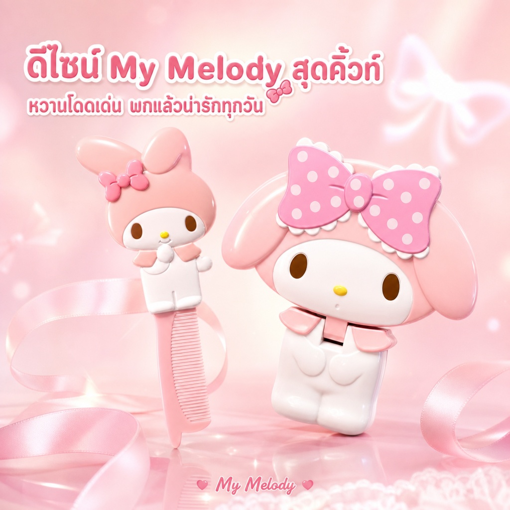 กระจกแต่งหน้าลาย My Melody พับได้ พร้อมหวี กระจกพกพา กระจกแต่งหน้าขนาดพกพา น่ารัก