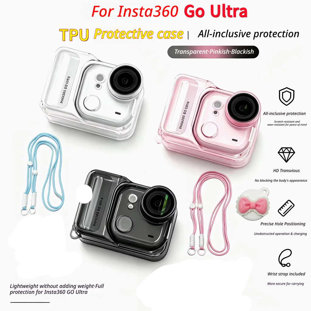 สําหรับ Insta360 Go Ultra เคสซิลิโคนโปร่งใสสีชมพู TPU Anti-Fall ฝาครอบเลนส์ Lanyard Clear/สีดํากันกระแทกอุปกรณ์เสริมกล้อง