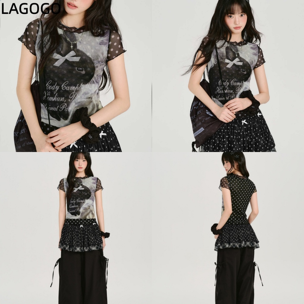 American Retro Hot Girl Gauze พิมพ์เสื้อยืดแขนสั้นผู้หญิงฤดูร้อนสไตล์ใหม่ Polka Dot Slim-Fit Top