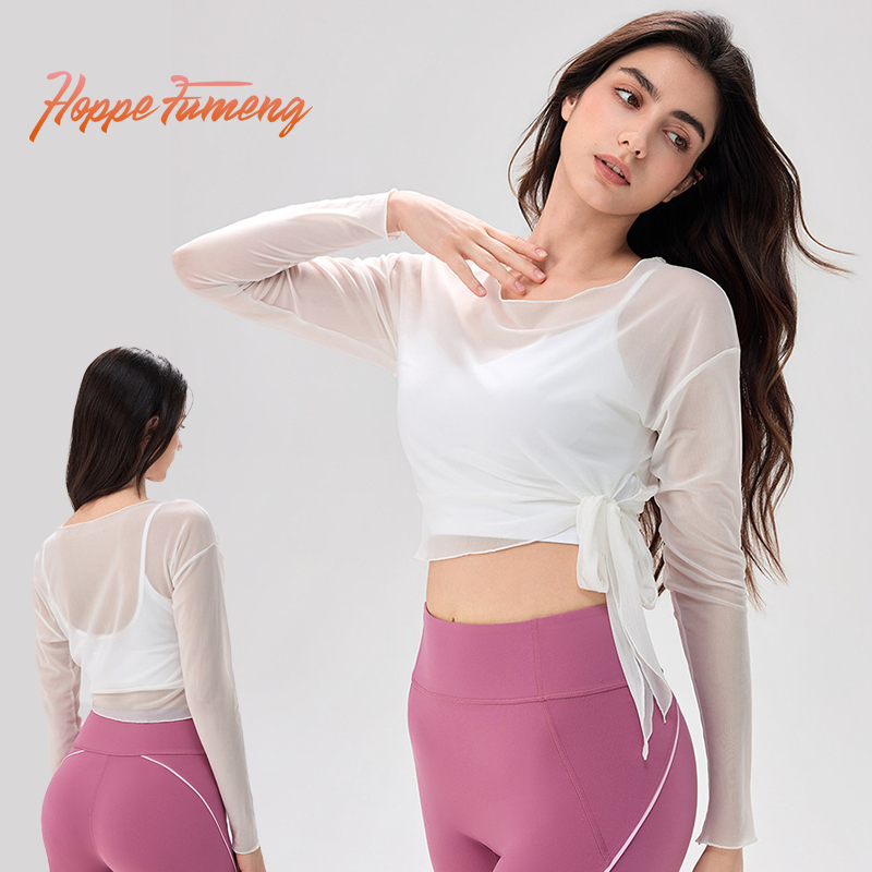 Hope Fumeng เสื้อยืดผู้หญิงตาข่ายแฟชั่นแขนยาวระบายอากาศสําหรับชุดลําลองและโยคะ