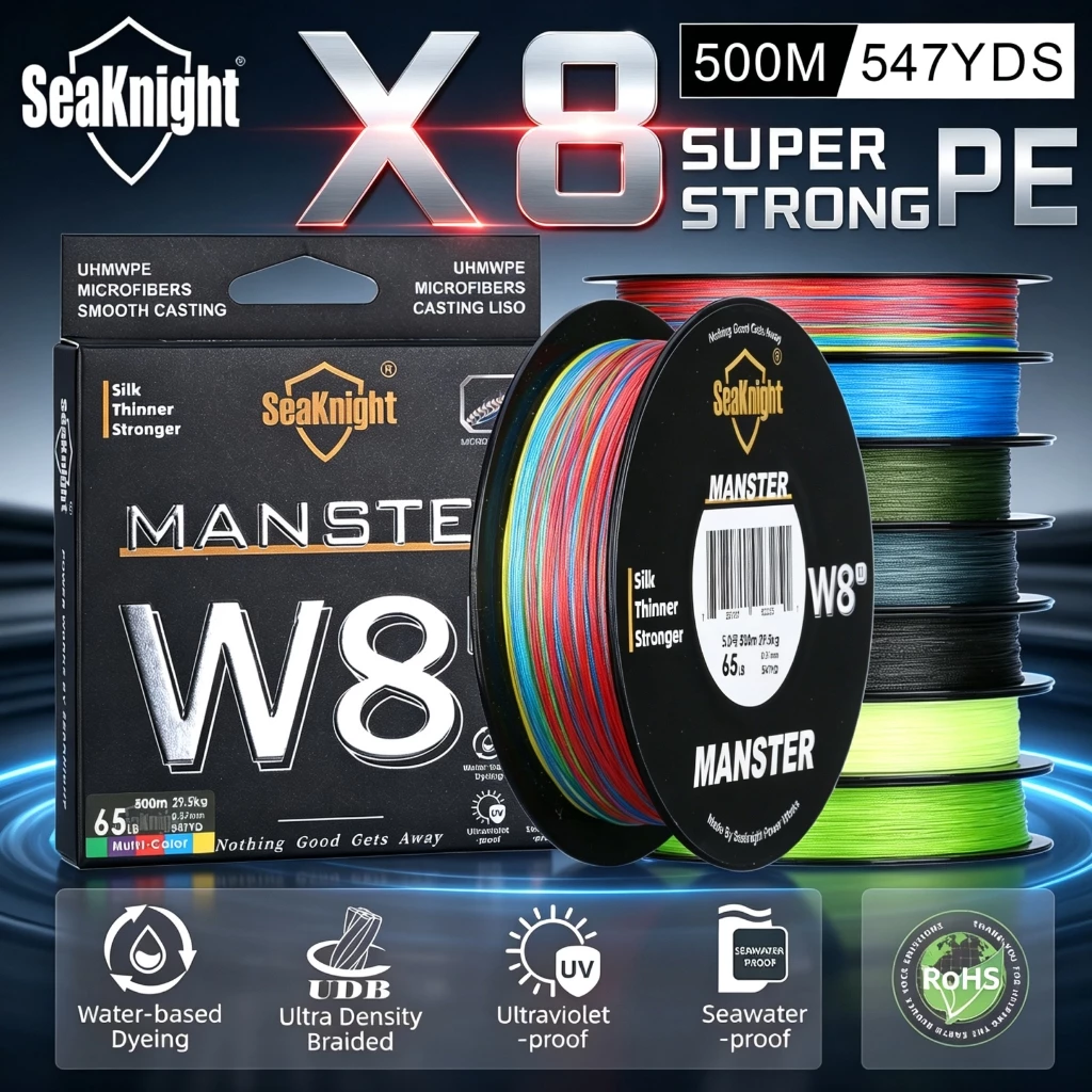 Seaknight W8 II 8 Strands สายตกปลาถักน้ําเค็ม 500M Long Casting Multifilament PE ลวดลอยทะเลสายตกปลา 7 สี 15-100LB
