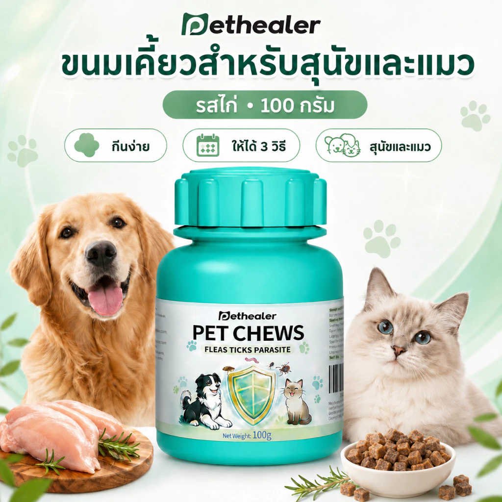 PETHEALER Pet Chews ขนมสุนัข ขนมแมว รสไก่ ขนมเคี้ยว อาหารเสริมสุนัข อาหารเสริมแมว รางวัล 100 กรัม