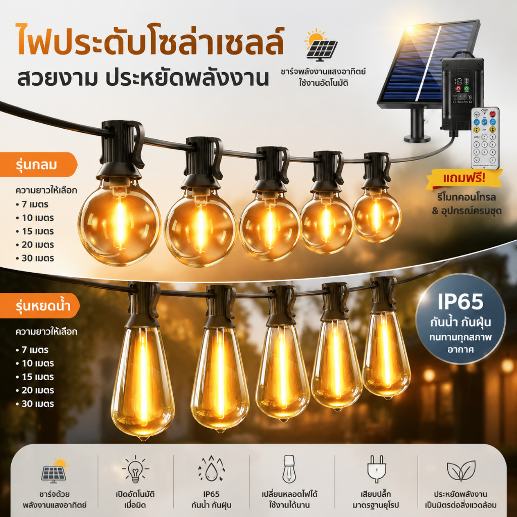 ไฟปิงปอง ไฟประดับ ไฟโซล่าเซลล์ 7/10/15M กันน้ำได้ IP65 LED ไฟตกแต่ง ไฟตกแต่งสวน แสงบรรยากาศปาร์ตี้