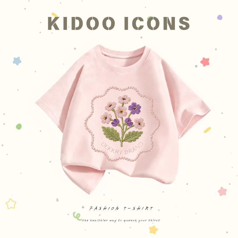 KIDOO ICONS เสื้อเด็กผู้หญิงฤดูร้อน สไตล์ลำลองทรงหลวม ลายดอกไม้และตัวอักษรการ์ตูน ผ้าฝ้ายแท้100% #A01+5646