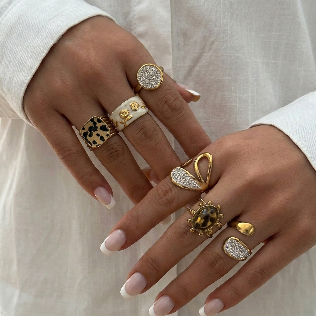 Vintage Gold Tone สแตนเลส Stackable แหวนเสือดาวพิมพ์เคลือบดอกไม้ Rhinestone Shell เครื่องประดับนิ้วมือสําหรับผู้หญิงทุกวันอุปกรณ์เสริม
