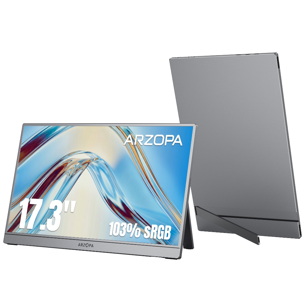 ใหม่ARZOPA Z1C Plus 17.3" FHD Portable Monitor, Ultra-Slim Portable Laptop Monitor with Kickstand - จอแสดงผล IPS สําหรับพีซี, MAC, โทรศัพท์,Xbox, PS5 ,Kickstand, Dual USB-C & mini HDMI,