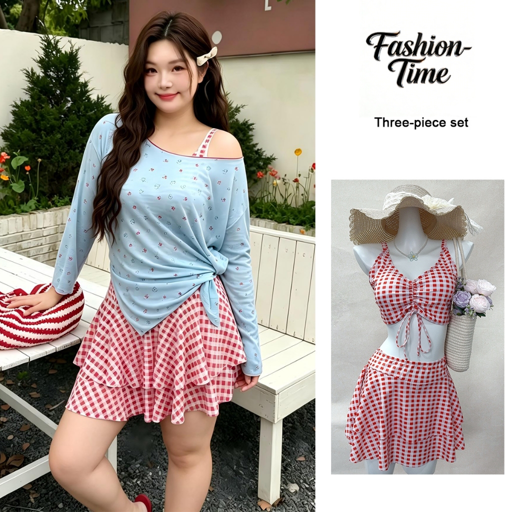 Fashion-Time สาวอ้วนว่ายน้ํากระโปรงชุดว่ายน้ําชุดสูทสามชิ้นสลิมฟิต ผอมลง ดูชุดว่ายน้ําแขนยาวริมทะเลชายหาดเสื้อผ้า#KJS247