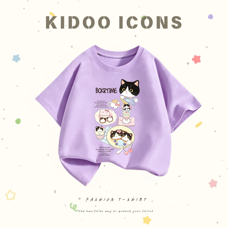 KIDOO ICONS เสื้อเด็กผู้หญิงฤดูร้อน สไตล์ลำลองทรงหลวม ลายแมววัวและตัวอักษรการ์ตูน ผ้าฝ้ายแท้100% #A01+5602