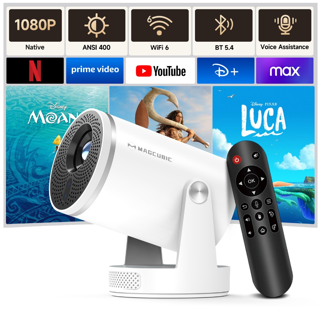 Magcubic HY320Pro สมาร์ทมินิโปรเจคเตอร์ 4K Android 14 โฟกัสอัตโนมัติพร้อมควบคุมเสียง Wifi 6 บลูทูธ 5