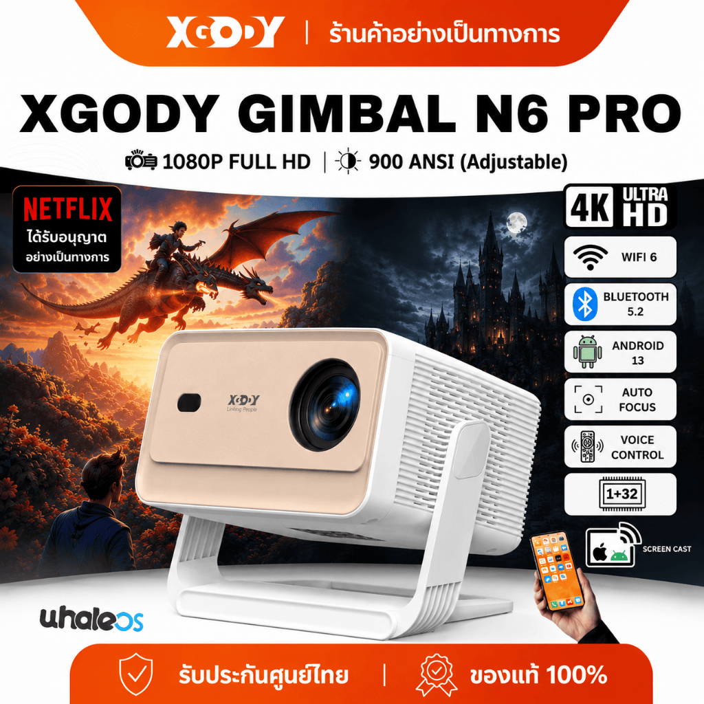 【Netflix รับรองแท้】XGODY โปรเจคเตอร์มินิ N6PRO  เครื่องฉายภาพ 900 ANSI 4K โฟกัสอัตโนมัติ ความจำในตัว