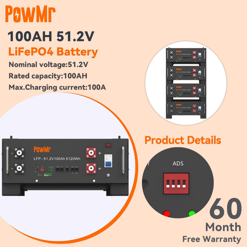 PowMr LiFePO4 Battery 51.2V 100Ah 5120Wh 6000 Cycles 100A BMS Home Solar Energy Storage Can Stack 4 