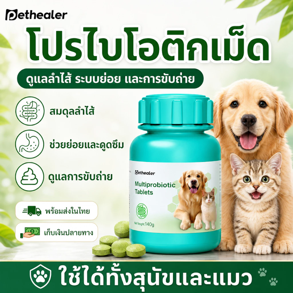 PETHEALER โปรไบโอติกเม็ด สุนัขและแมว 140g อาหารเสริมดูแลลำไส้ ระบบย่อย ขับถ่าย กินง่าย ผสมอาหารได้