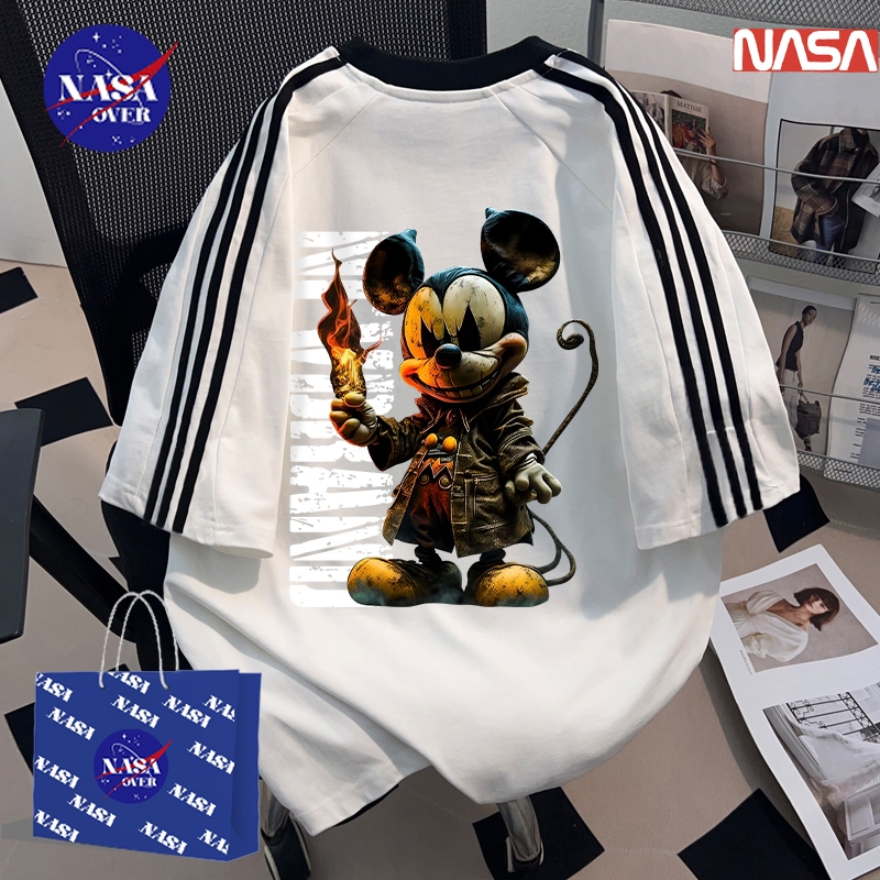 【ของพร้อมส่ง ส่งใน 24 ชั่วโมง】 NASA ยูนิเซ็กส์ ฤดูร้อน แขนสั้น ดาร์ก ลายหนู ทรงใหญ่ ระบายอากาศ สามแถบ คอกลม เสื้อ YG916