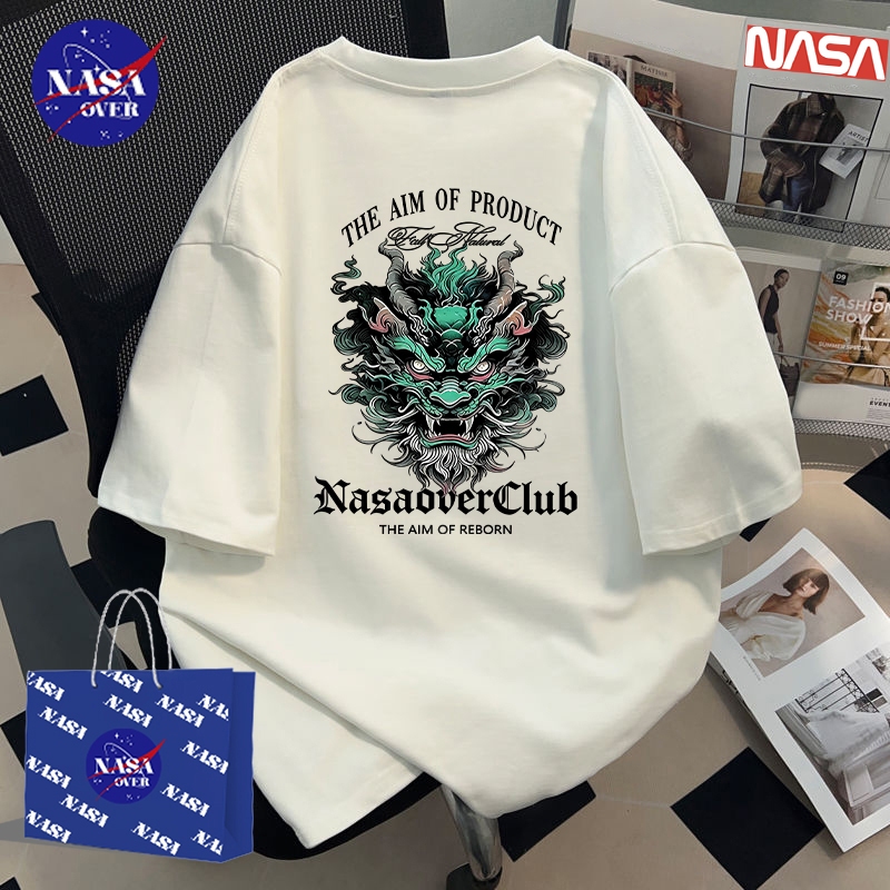 【จัดส่งตลอด 24 ชั่วโมง】🔥NASA ฤดูร้อน ทรงหลวม แขนสั้น วินเทจ ลายหัวมังกรเขียวดำ🐉 ยูนิเซ็กส์ เทรนด์ คอ