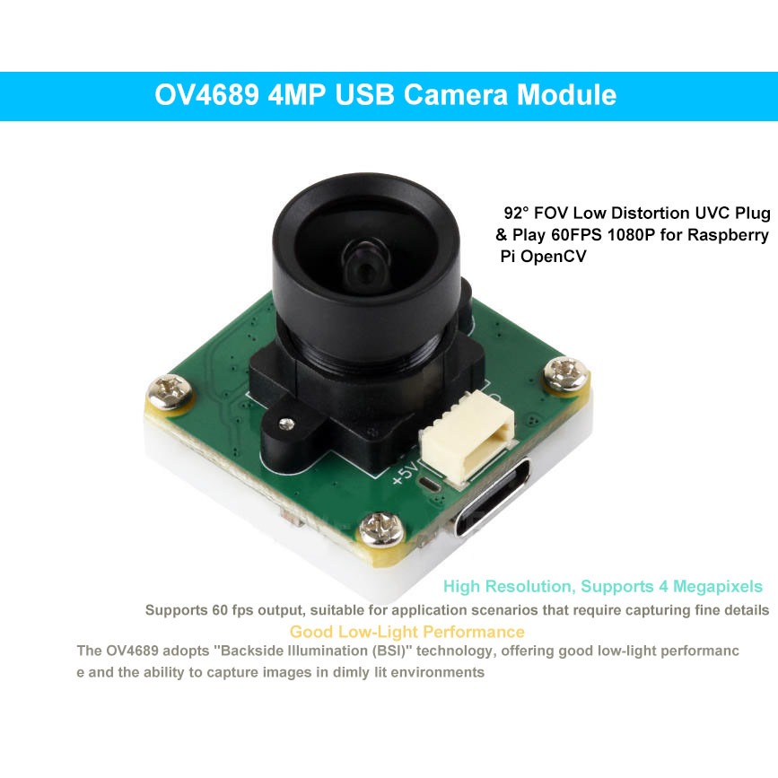 OV4689 โมดูลกล้อง USB 4MP, 92° FOV Low Distortion UVC Plug & Play สําหรับ Raspberry Pi OpenCV, Type-