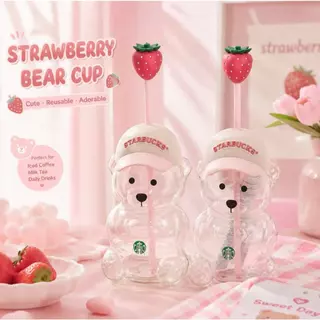 ★Ins Ins Starbucks 591ml สตรอเบอร์รี่เบสบอลหมวกหมีน้อยแก้วฟางถ้วยถ้วยน้ําถ้วยเครื่องดื่มInsสไตล์Influencerโปร่งใสยี่ห้อใหม่Starbucksสตรอเบอร์รี่หมีน้อยแก้วฟาง,591mlความจุขนาดใหญ่,วัสดุแก้ว