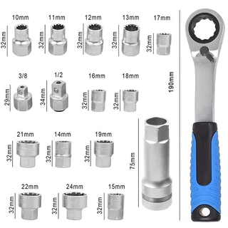 TOOL ชุดบล็อกหัวทะลุ 17 ตัว/ชุด บล็อกหัวทะลุ ด้ามฟรีแบบทะลุ No.KN-SB004