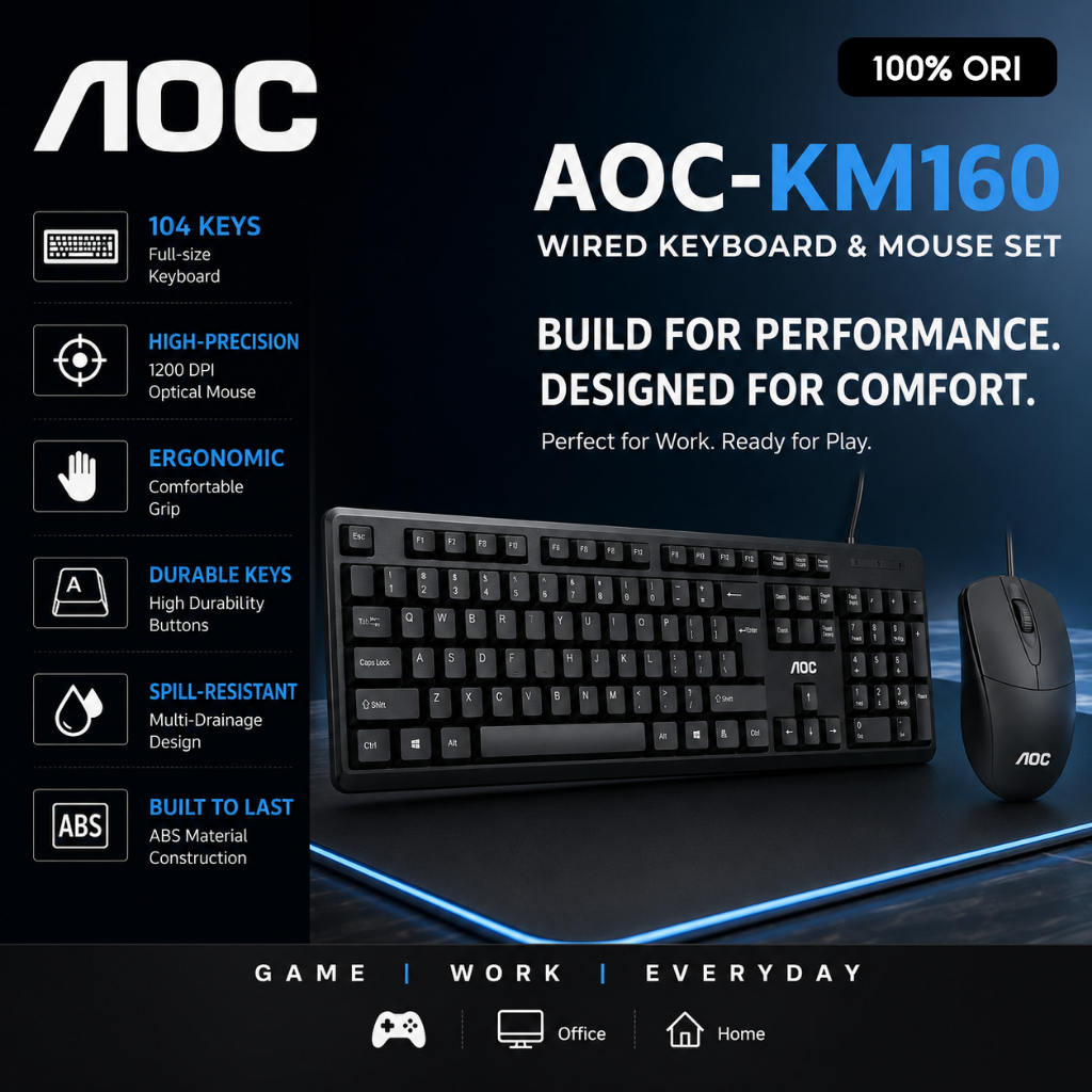 AOC KM160 คีย์บอร์ดและเมาส์ USB แบบมีสาย, ขนาดเต็ม 104 คีย์คีย์บอร์ดทนการรั่วไหล, เมาส์ออปติคอล 1200DPI, ชุดสํานักงานตามหลักสรีรศาสตร์สําหรับเดสก์ท็อปแล็ปท็อปพีซี Windows