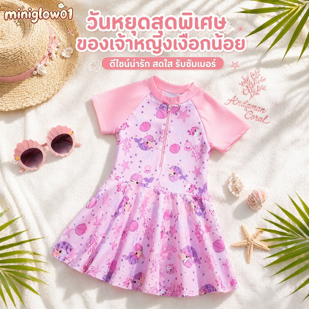 【พร้อมส่ง】ชุดว่ายน้ำเด็กหญิงกันแดดสไตล์เจ้าหญิง พิมพ์ลายการ์ตูนทะเล แห้งเร็ว ใส่สบาย สำหรับเด็กวัยเรียน