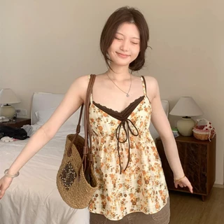 AEX ผู้หญิง Floral Camisole Top V คอ Contrast สีสปาเก็ตตี้ถัง Sweet & Fresh Layered Look Babydoll ฤดูร้อน Top