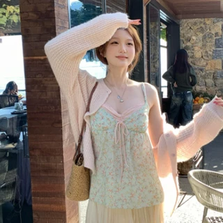 AEX ผู้หญิง Floral Camisole Top V คอ Contrast สีสปาเก็ตตี้ถัง Sweet & Fresh Layered Look Babydoll ฤดูร้อน Top