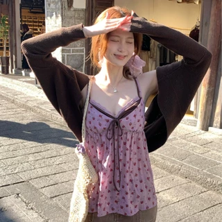 AEX ผู้หญิง Floral Camisole Top V คอ Contrast สีสปาเก็ตตี้ถัง Sweet & Fresh Layered Look Babydoll ฤดูร้อน Top
