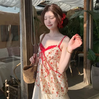 AEX ผู้หญิง Floral Camisole Top V คอ Contrast สีสปาเก็ตตี้ถัง Sweet & Fresh Layered Look Babydoll ฤดูร้อน Top