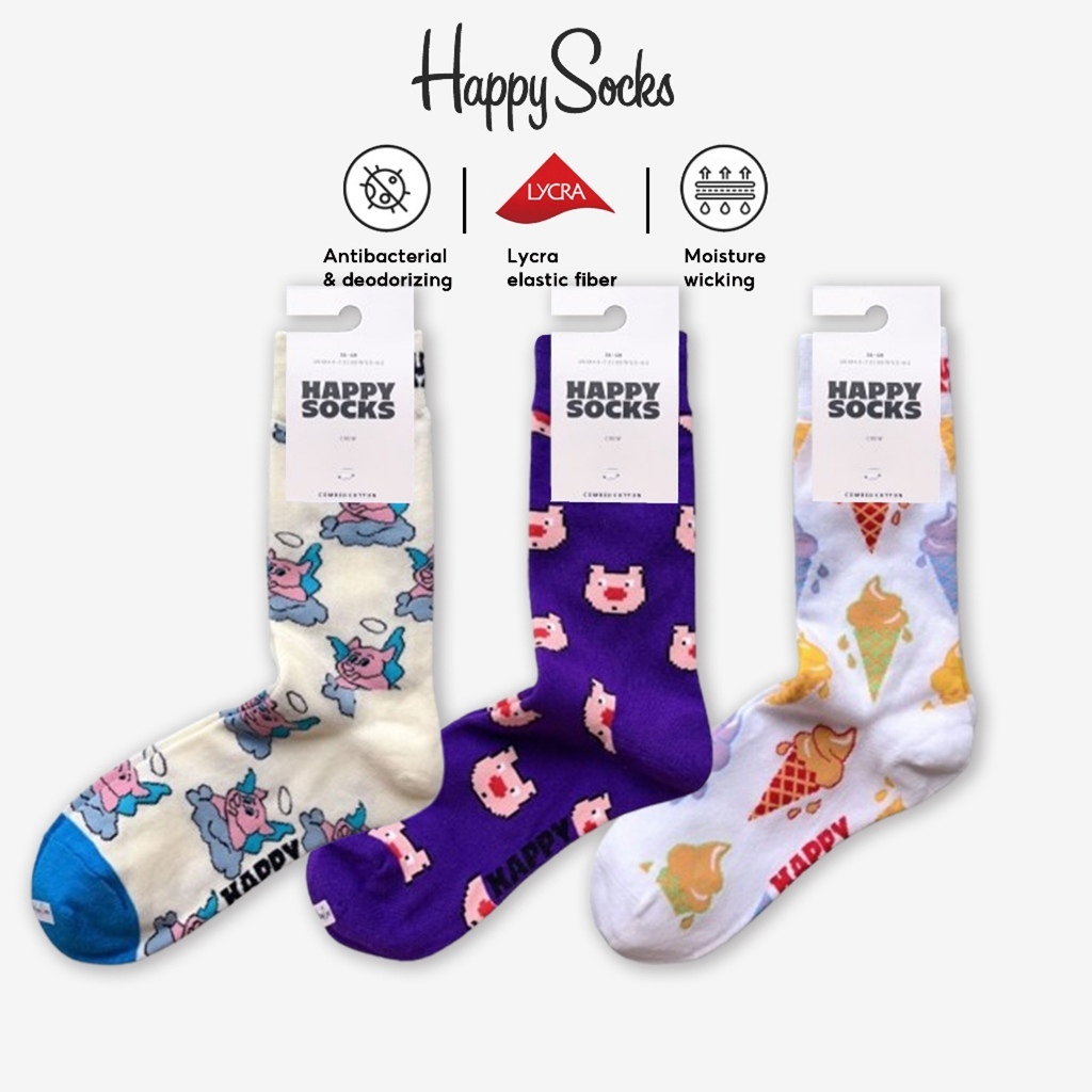 Happy Socks ถุงเท้าครึ่งน่องผ้าฝ้ายลายน่ารักสำหรับผู้หญิง หมูน้อยน่ารัก