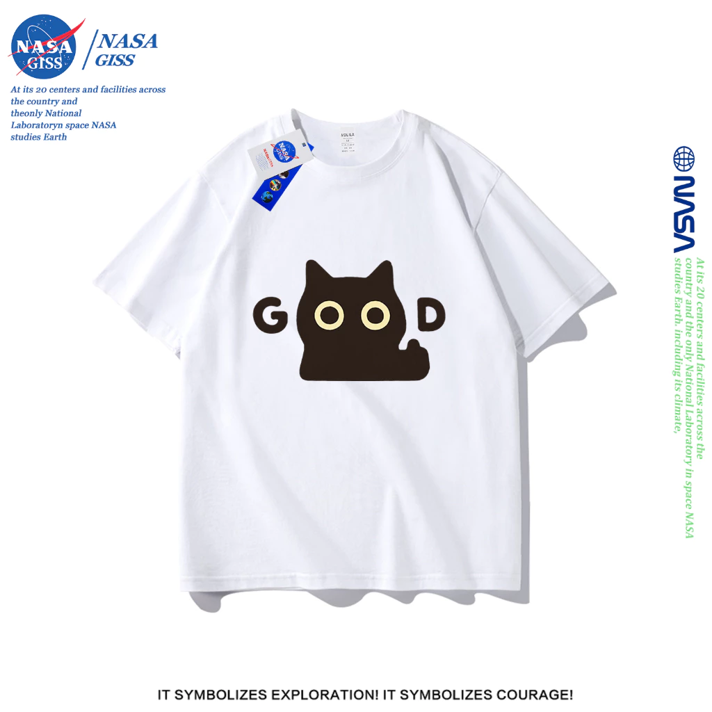 NASA เสื้อยืดชายหญิงแขนสั้น สไตล์ลำลอง summer GOOD แมวดำตัวน้อย พิมพ์ลาย t-shirt แบบหลวม คอกลม ยับยากไม่ต้องรีด