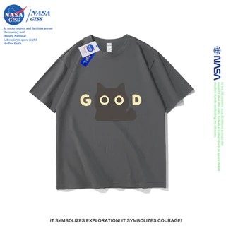 NASA เสื้อยืดชายหญิงแขนสั้น สไตล์ลำลอง summer GOOD แมวดำตัวน้อย พิมพ์ลาย t-shirt แบบหลวม คอกลม ยับยากไม่ต้องรีด