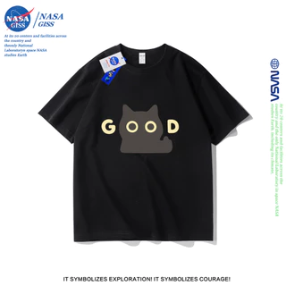 NASA เสื้อยืดชายหญิงแขนสั้น สไตล์ลำลอง summer GOOD แมวดำตัวน้อย พิมพ์ลาย t-shirt แบบหลวม คอกลม ยับยากไม่ต้องรีด