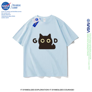 NASA เสื้อยืดชายหญิงแขนสั้น สไตล์ลำลอง summer GOOD แมวดำตัวน้อย พิมพ์ลาย t-shirt แบบหลวม คอกลม ยับยากไม่ต้องรีด