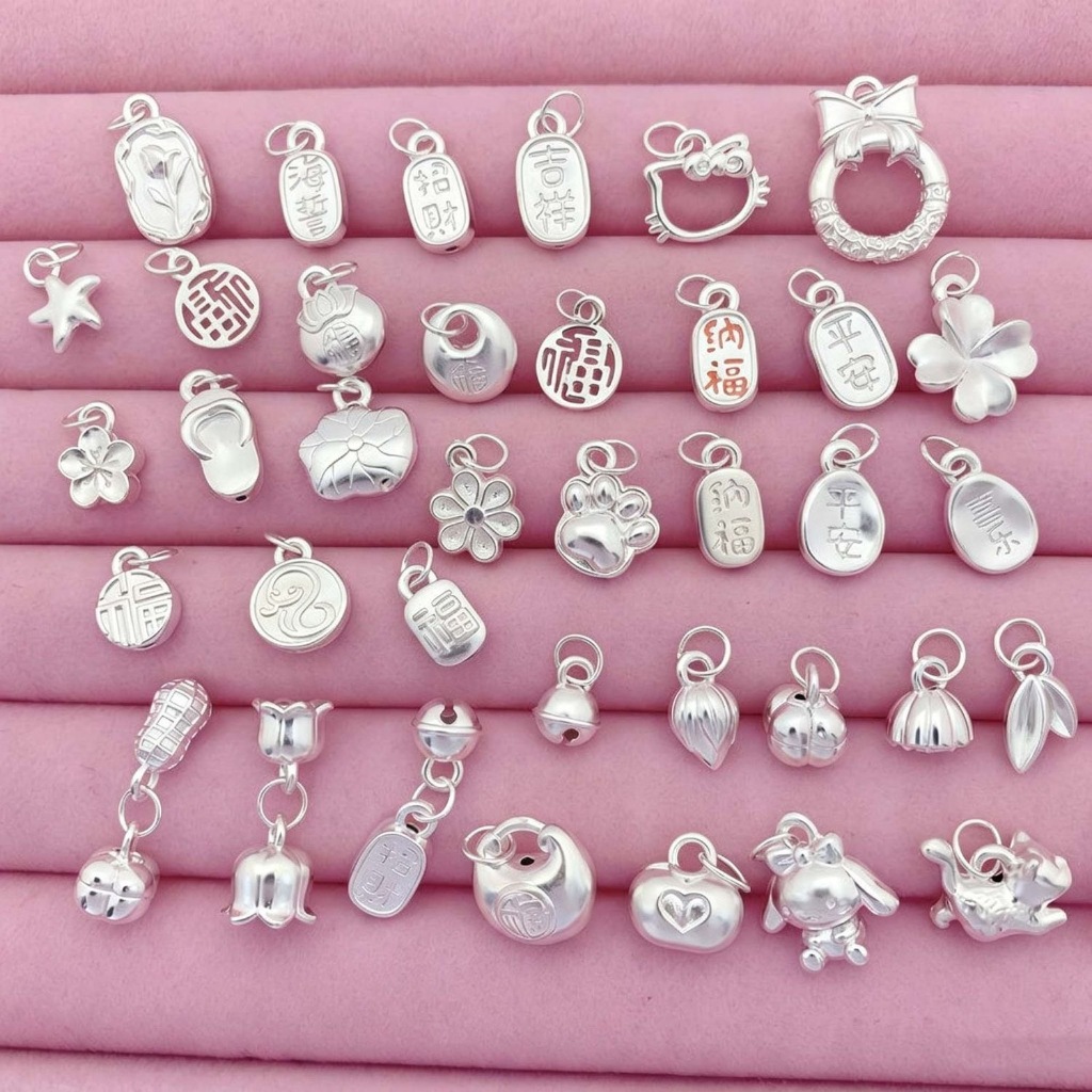 999 Pure Silver Spacer ลูกปัด Four-Leaf Clover จี้ KT Cat Safe Joy Lucky Fortune ยี่ห้อ DIY สร้อยข้อ