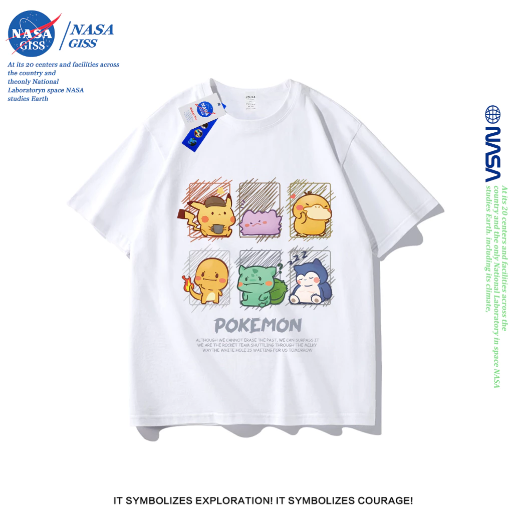 NASA เสื้อยืดชายหญิงแขนสั้น สไตล์ลำลอง summer โปเกมอน 6 ช่อง พิมพ์ลาย t-shirt แบบหลวม คอกลม ยับยากไม่ต้องรีด