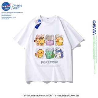 NASA เสื้อยืดชายหญิงแขนสั้น สไตล์ลำลอง summer โปเกมอน 6 ช่อง พิมพ์ลาย t-shirt แบบหลวม คอกลม ยับยากไม่ต้องรีด