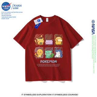 NASA เสื้อยืดชายหญิงแขนสั้น สไตล์ลำลอง summer โปเกมอน 6 ช่อง พิมพ์ลาย t-shirt แบบหลวม คอกลม ยับยากไม่ต้องรีด
