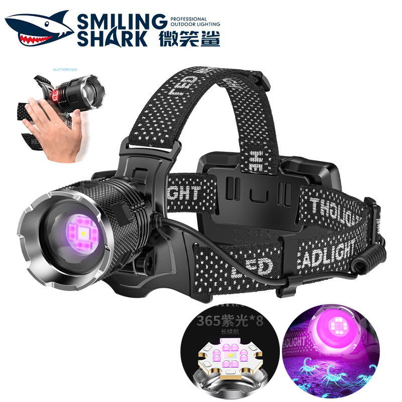 SMILING SHARK TD0323 ทรงพลัง ไฟฉายคาดหัว LED ด้วยแสงสีม่วง UV 365 ไฟหน้าแบบสว่างสุด Motion Sensor Zo