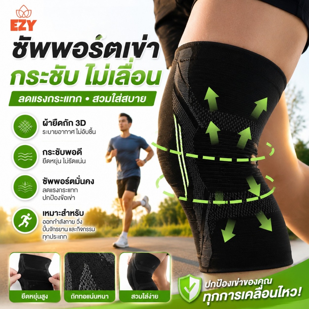 EZY สนับเข่า/พยุงเข่าพร้อมซิลิโคนกันลื่น: Thi ผ้านุ่ม พยุงเข่า และช่วยป้องกันและลดอาการปวด ใหม่