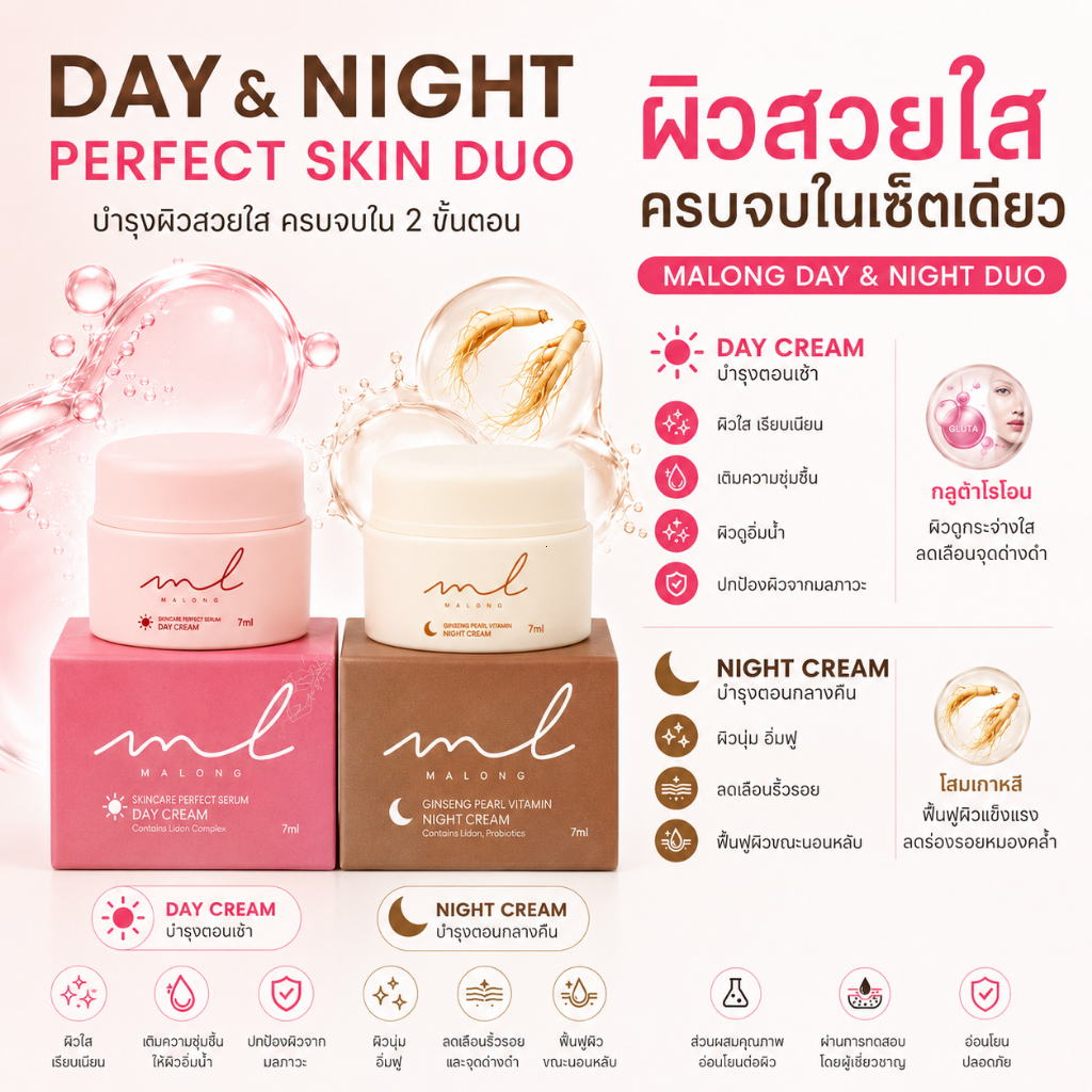 Malong Authentic Cream 7ml Day Cream + Night Cream: ครีมบํารุงผิวที่กระจ่างใส ชุ่มชื้น และฟื้นฟูผิว