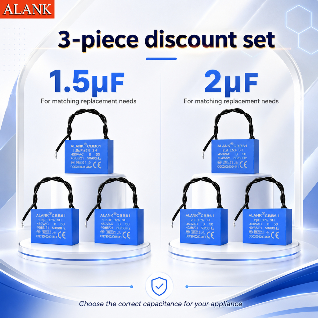 ALANK ตัวเก็บประจุพัดลมความจุเพียงพอ/กระแส AC อุปกรณ์เสริม CBB61 450V สําหรับ 1.5 uF 2uF